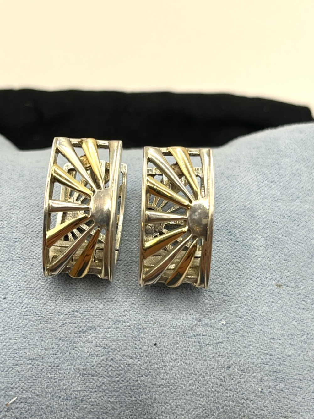 Earrings 14k and Sterling Silver Huggie  Sunrise Motif Sun Rays Earrings